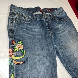 People of the World blue Jeans colorful TROPICAL BIRD Peacock FLOWERS women’s 31